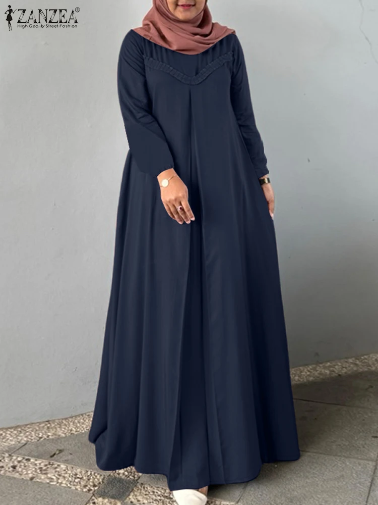 ZANZEA Fashion Muslim Turkey Abaya Hijab Dress Women Autumn Long Sleeve Pleated Maxi Sundress Robe Femme Casual Loose Kaftan