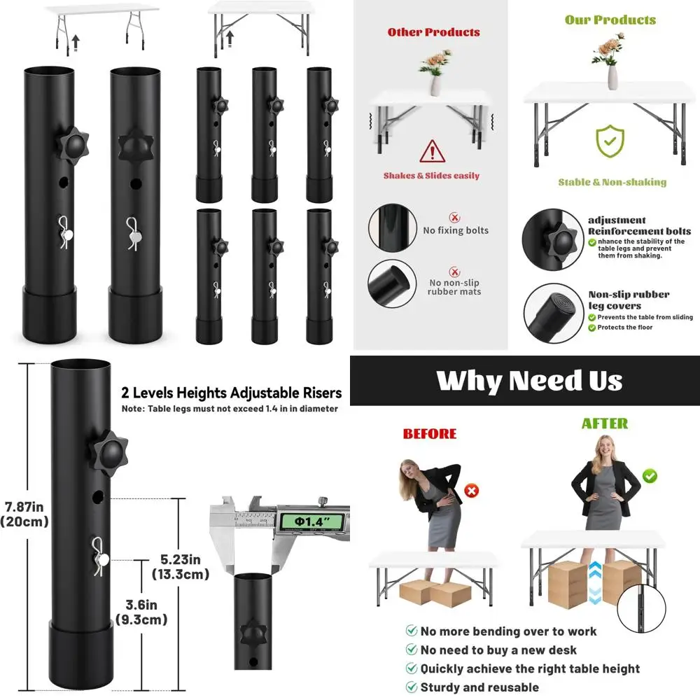 

Adjustable Metal Table Leg Extensions for Folding Tables - 2 Height Levels, Reduces Stooping, 8-Pack