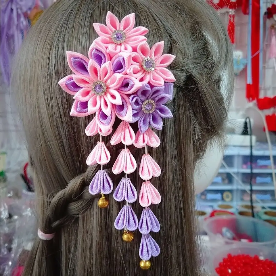 Japanese Handmade Fabric Flower Hair Accessories Clip Tassel Kimono Hairpin Headdress Geisha Barrette Headband Festvial Hairpins