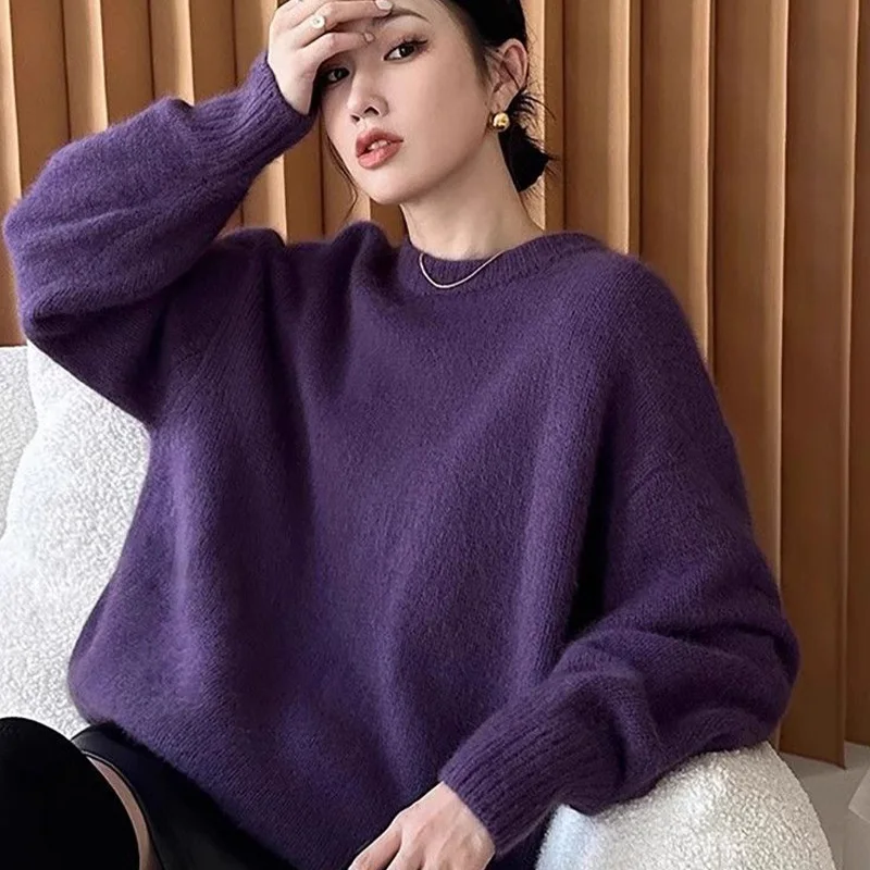 Autumn/winter New Retro High-end Purple High Quality Round Neck Knitted Sweater Loose Casual Fashion Long Sleeved Women's Top