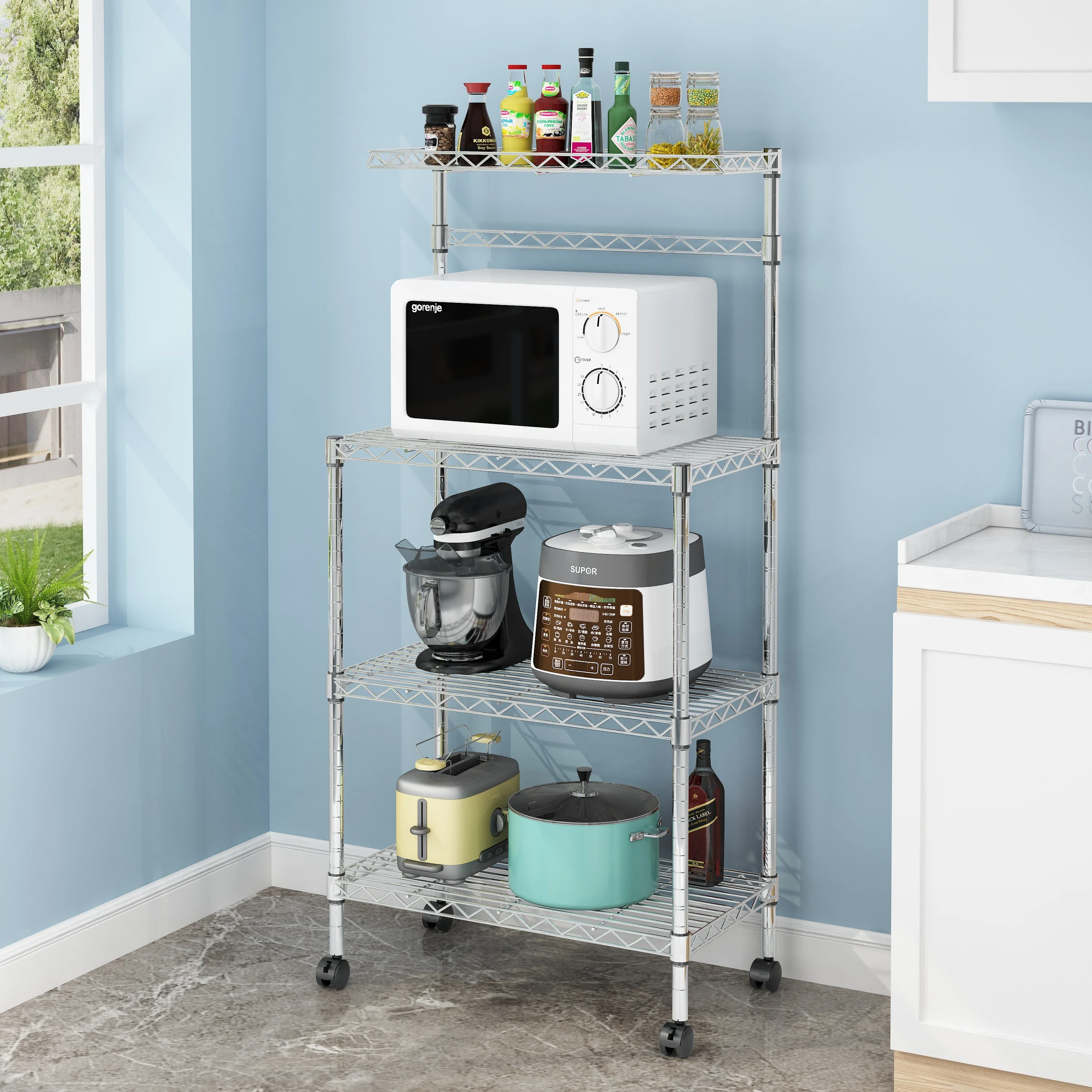 

4-Tier Adjustable Kitchen Bakers Rack Shelf with Microwave Oven Stand and Storage Cart - Space-Saving, Heavy-Duty, Easy Assembly