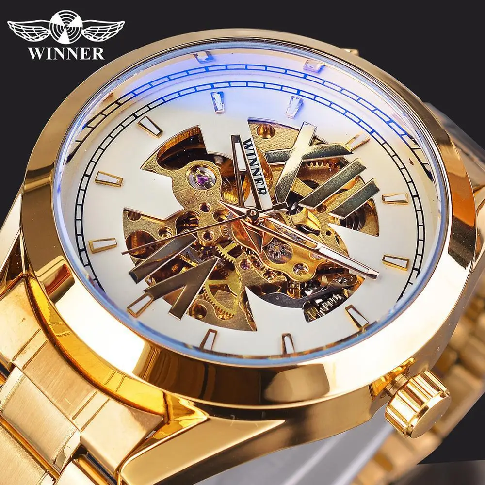 Fashion Winner Top Brand Luxury Full Stainless Steel Skeleton Mechanical Hollow Waterproof Automatic Watch Men Relogio Masculino