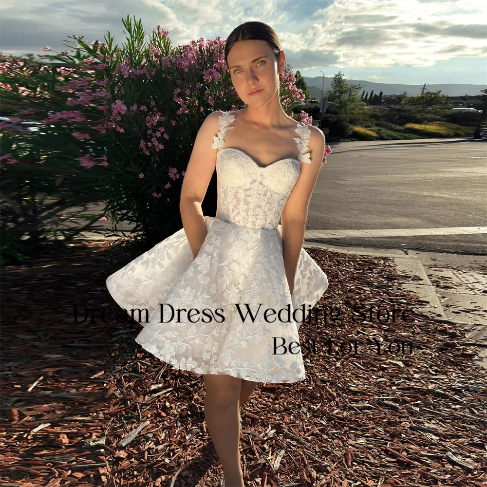 Suknie ślubne DREAM Classic Lace Short A-Line z dekoltem w serduszko, na ramiączkach spaghetti, z odkrytymi plecami, suknie ślubne Vestidos De Noiva z możliwością personalizacji