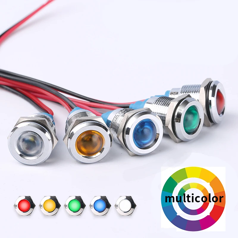 Voyant LED en métal étanche IP67, indicateur d\'iode, lampe de signalisation, fils pilotes, interrupteur, 6V, 12V, 24V, 220V, rouge, bleu, 6mm, 8mm,