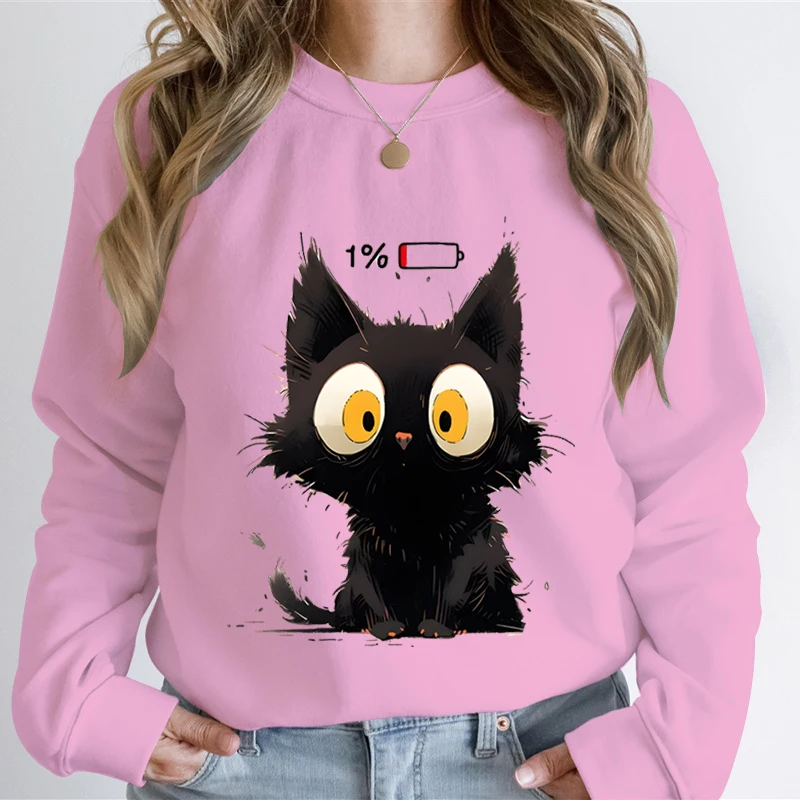 Power Cat Graphic Sweatshirts Women Sad Cats Shed Tears Print Funny Sweatshirt Hoodie Kawaii Animal Lover Casual Hooded Shirts