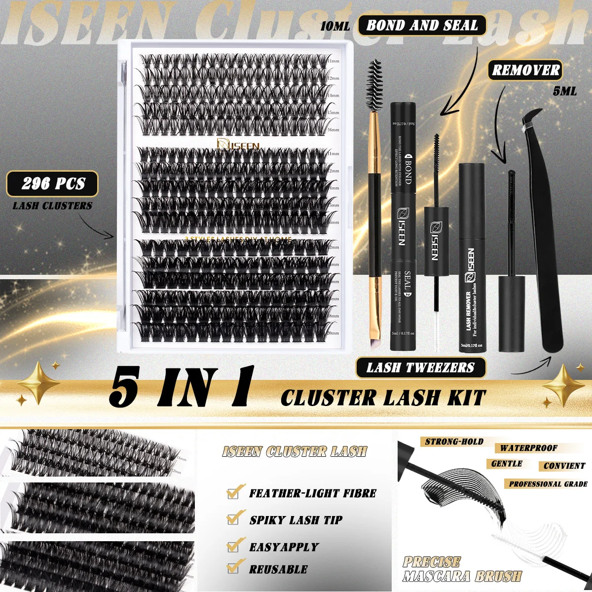 Wimperncluster, Wimpernverlängerungen, natürliches Aussehen, dünne Wimpern, D-Curl-Mix-Länge, Cluster-Wimpern mit Bindung und Dichtungsentferner-Pinzette