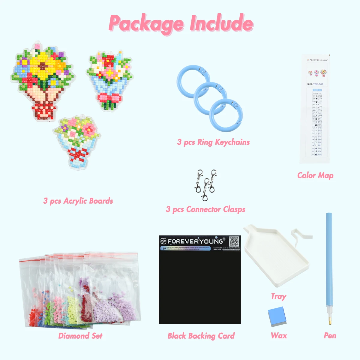 FOREVER YOUNG 3PCS Bouquet Acrylic Diamond Painting Keychain Kit - Full Square Diamonds DIY Arts Crafts for Kids Adults view 6