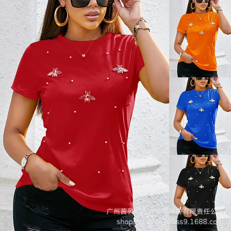 Moda elástica grânulo borboleta decorativa tripulação pescoço manga curta tamanho grande camiseta feminina