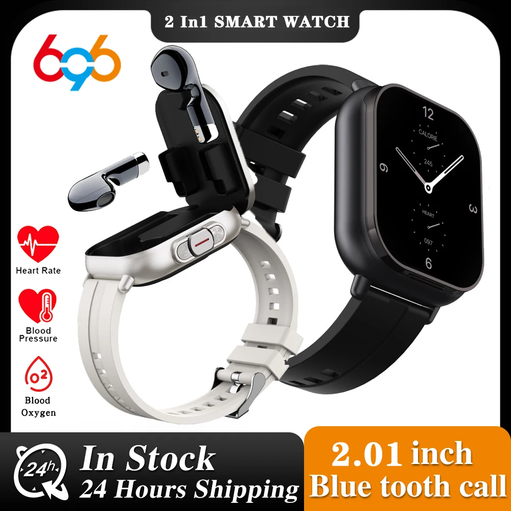 

2.01" Headset 2 in 1 Smart Watch BT Call Blue Tooth Headphones Watches Heart Rate Sport Fitness Bracelet TWS Earphone Smartwatch