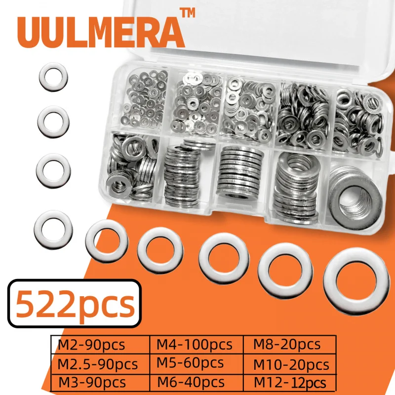 

UULMERA 522 шт. плоских шайб из нержавеющей стали, набор металлических шайб 8 размеров (M2-M12), для винтов и болтов, комплект шайб для крепления брызговиков