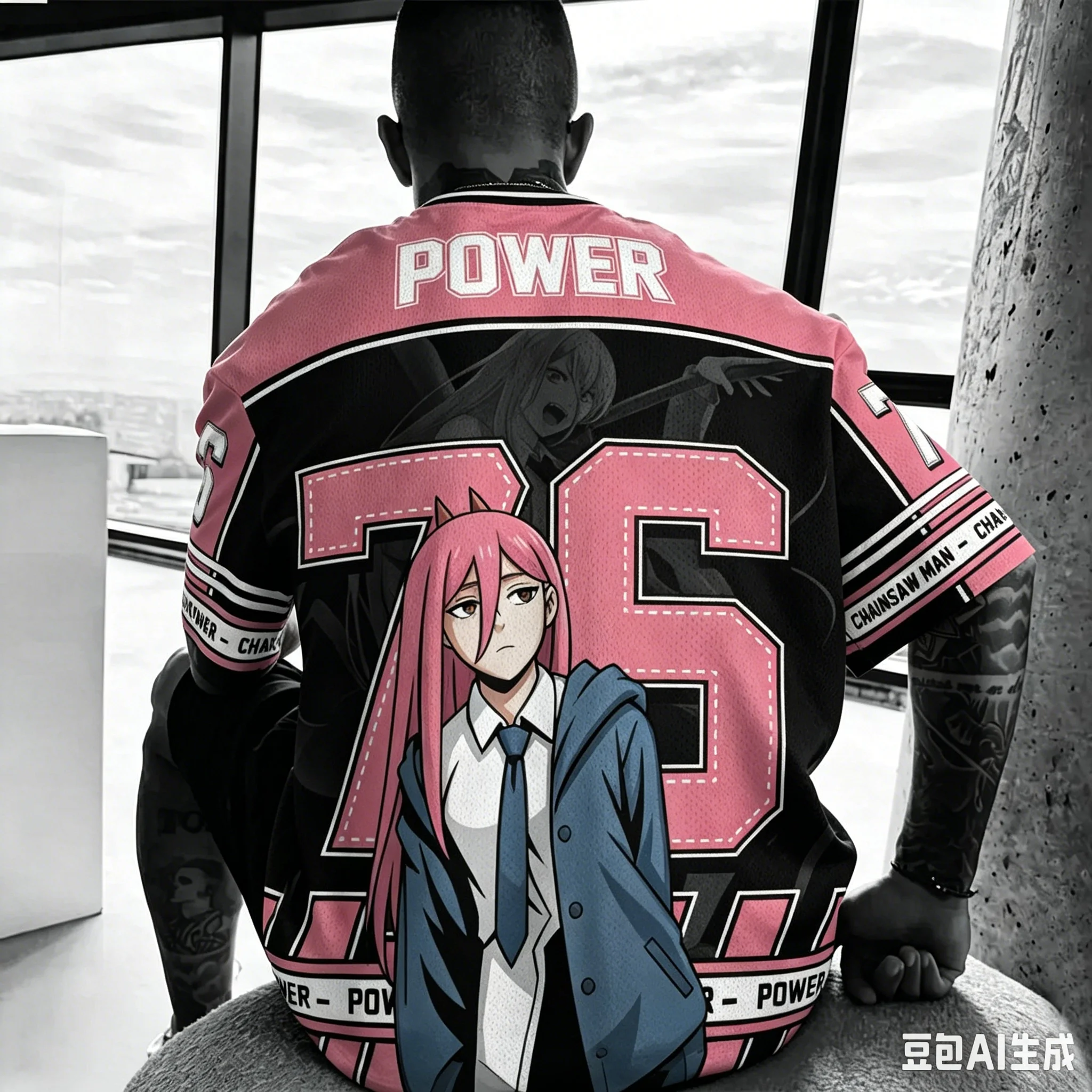 nova-camiseta-masculina-chainsaw-man-power-76-com-estampa-grafica-rosa-e-preto-com-blocos-de-cor-punhos-listrados-oversized-malha-estilo-y2k-street-jersey