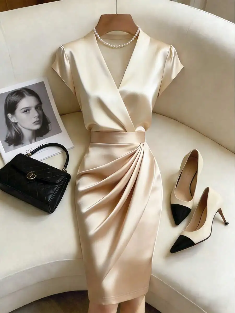 

Elegant Satin Surplice Neck Cap Sleeve Ruched Fitted Dress Summer