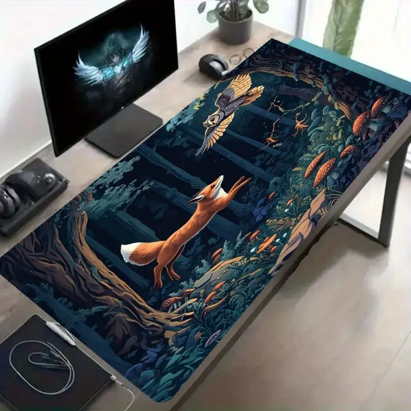 Fantasy Forest Iron Art Mouse Pad Fantasy Fox Owl Design Non Slip Bottom Insulated Surface For Gaming Art Work