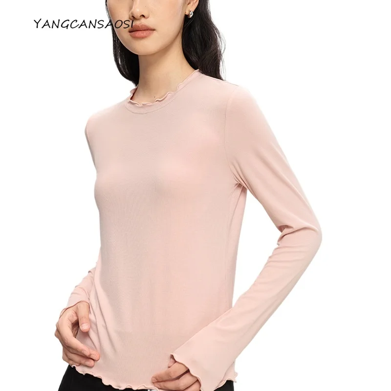 

2025 Women's Autumn New Ruffled Edge Natural Mulberry Silk Skin Friendly Long Sleeve Elegant Commute Knitted Bottom Top