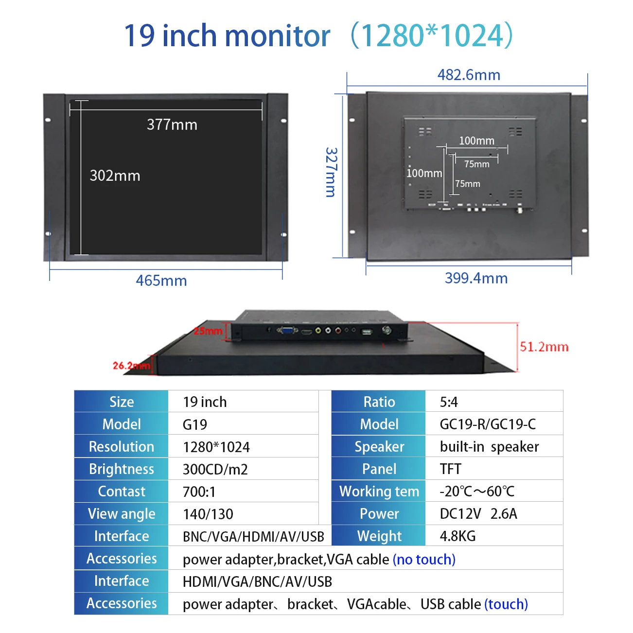 Zhixianda 19 Inch 5:4 1280*1024 Industrial Open Frame Monitor Display No Touch Function With BNC VGA HDMI AV USB DVI Interface