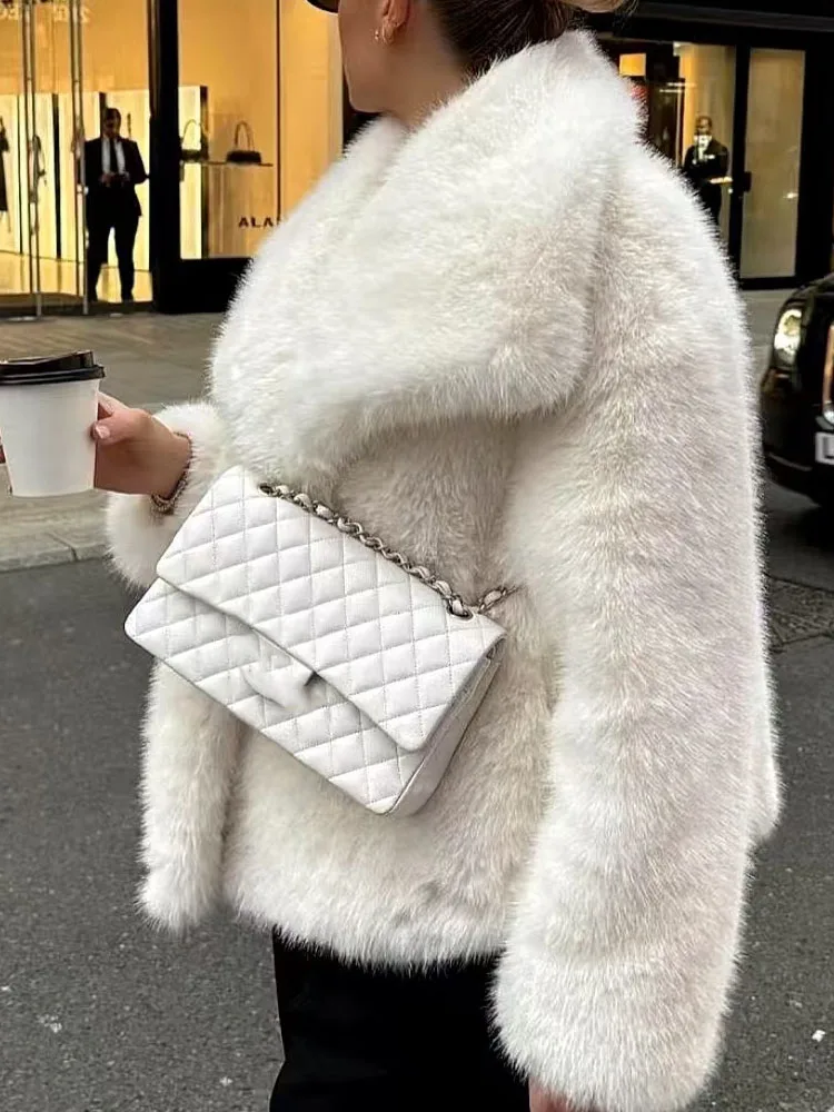 

Осенне-зимняя модная уличная женская верхняя одежда, женское элегантное пальто из искусственного меха, теплая пушистая винтажная свободная куртка с длинными рукавами и лацканами