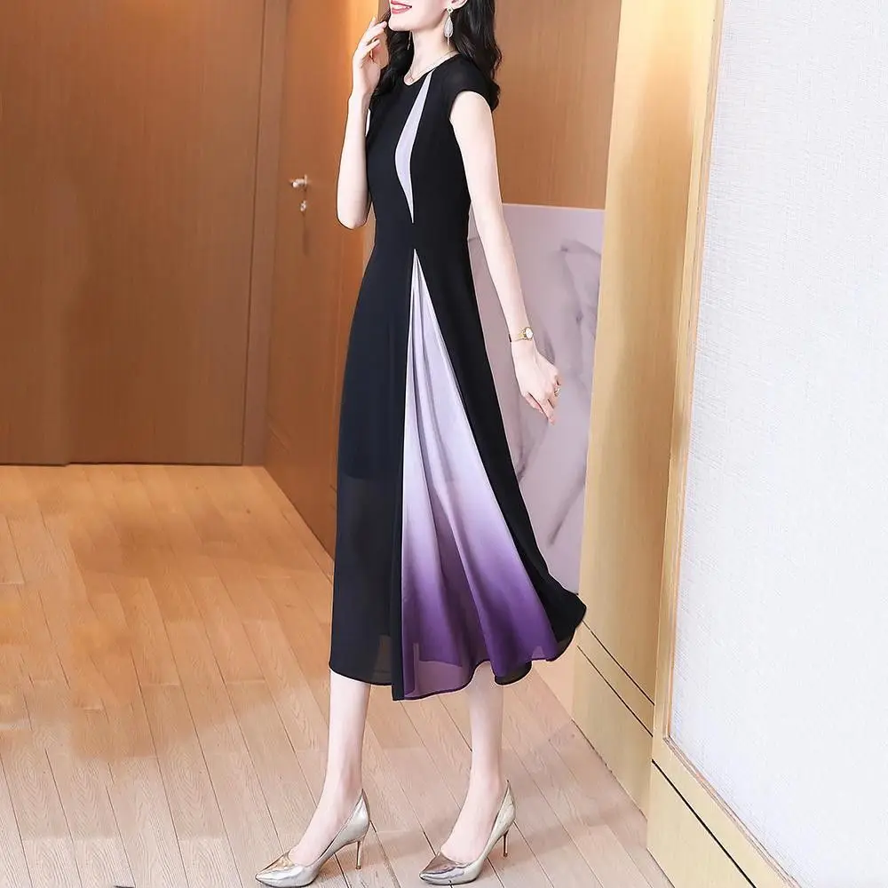 Black Chiffon O-neck Short Sleeve Elegant Dress Summer 2023 New Simplicity Patchwork A-line Skirt Women Clothing Korean Printing