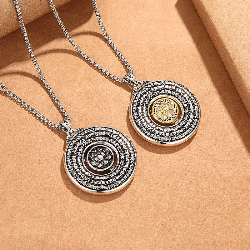 Ethnic Style Prajna Heart Sutra Safety Buckle Pendant Men Jewelry Lucky Lotus Amulet Necklace Male Choker Accessories
