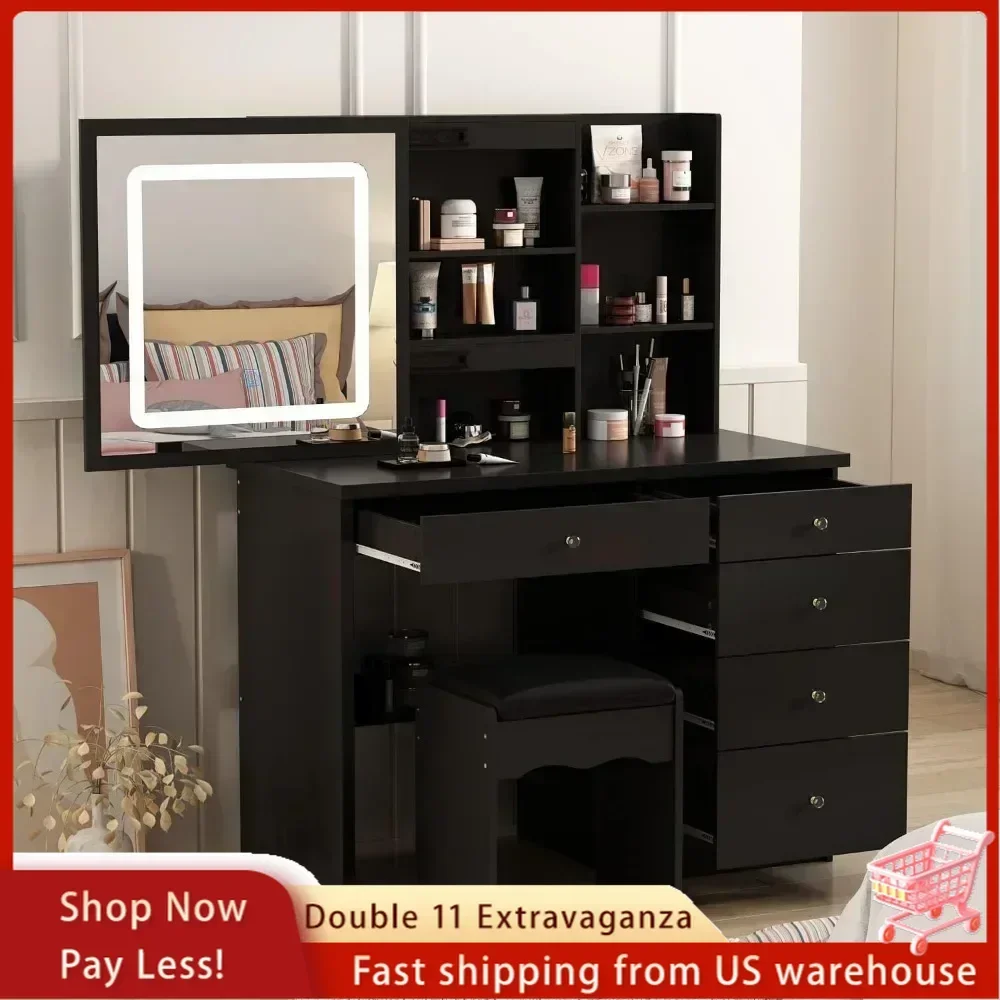 

Vanity Desk Set with Large Sliding Lighted Mirror, Dressing Table with 5 Drawers, Storage Shelves & Cushioned Stool Makeup Table