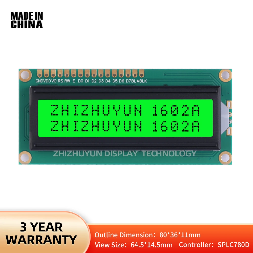 Source Factory 1602A Character Screen High Brightness LCD Screen 16*2 Industrial Grade Display Screen 3.3V Emerald Green Film