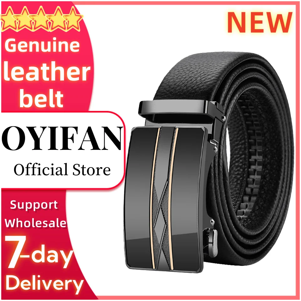 OYIFAN Belt for men, 110cm-130cm Genuine Leather Belt Alloy Automatic Buckle Ratchet Belt, Men's Fashion Designer Belt