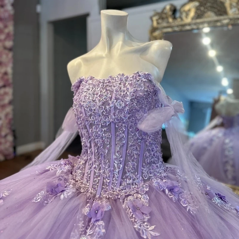 Lavanda brilhante fora do ombro vestido de baile quinceanera vestidos 3d vencedores apliques rendas contas tull espartilho doce 16 vestido de 15