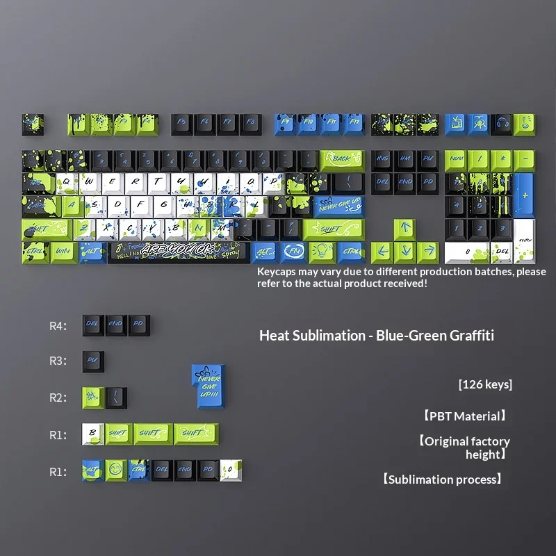 Blue and green graffiti keycaps, heat sublimation, original factory small complete set, 126 keys, PBT customization