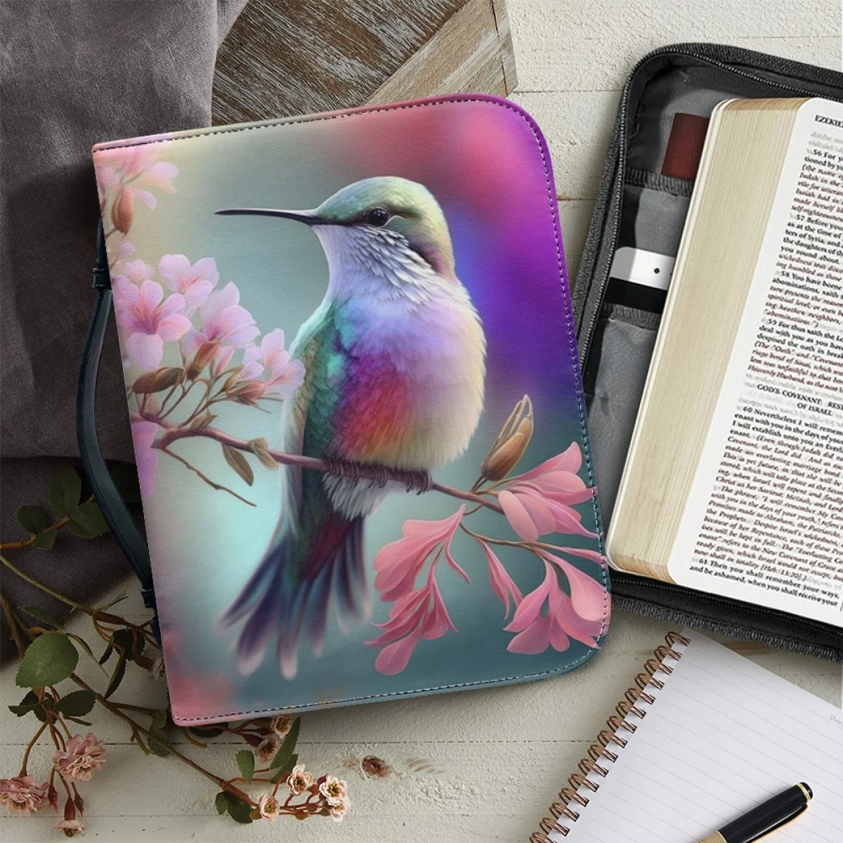 Trendy Floral Hummingbird Print Women's Bible Bag Leather Bible Cover Case Portable Zippered Handle Handbags Bible Storage Bags