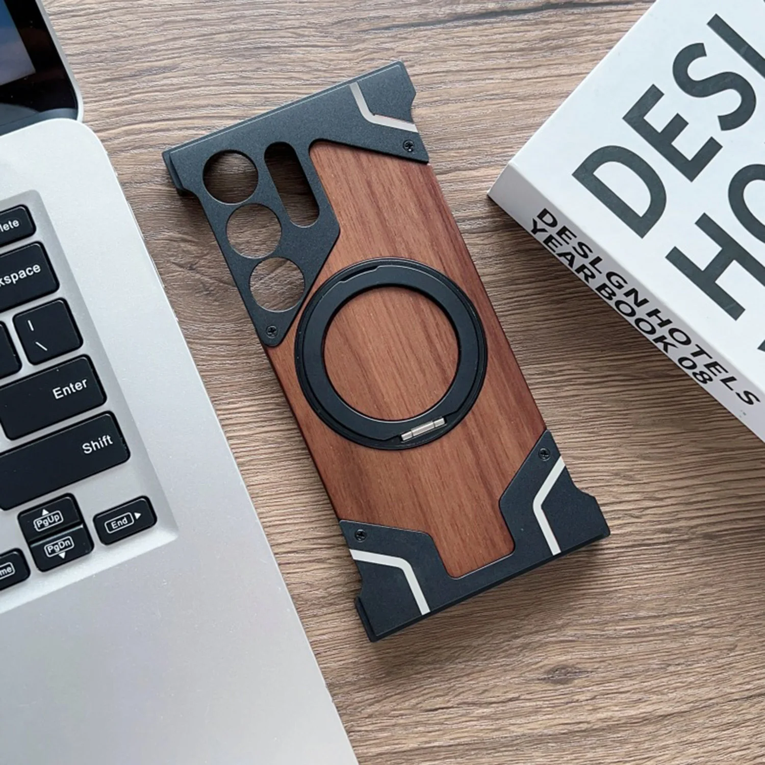 For Samsung Galaxy S25 Ultra Aluminum Frame Walnut Wood Case Military Grade 360° Rotating Kickstand Protective Shock Grade Shell