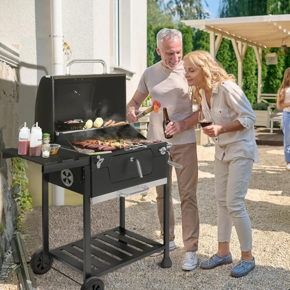 24-Inch Charcoal Grill with Foldable Side Table, 490 Square Inches Heavy-duty BBQ Grill, Perfect for Outdoor Picnics