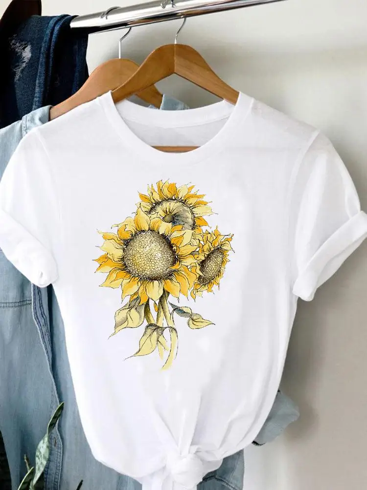 

Sunflower Watercolor Floral T-shirt Summer Short Sleeve Print Clothes Graphic T Shirt Clothing Tee Women Fashion Female Top