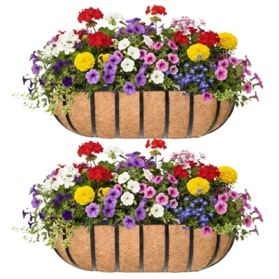 Jardinera de 16 pulgadas para ventana o barandilla, con revestimiento de coco, de metal, montada en pared, tipo caballeriza inglesa