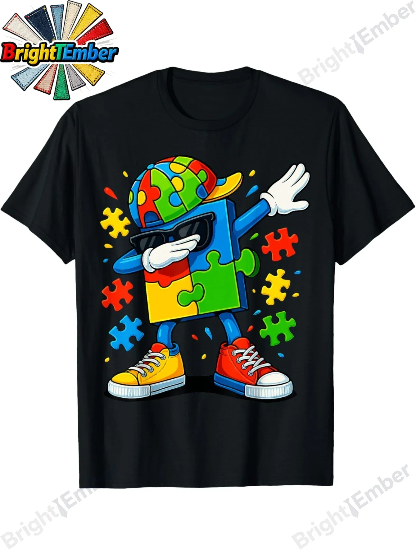 Men' & Women' Autism Awareness T-Shirt - Dot Puzzle Suitable for, Casual Breathable Short Sleeve Round Neck Top with Autism Symbol, Machine Washable Gift Apparel for, Year-Round Wear for Autism Apparel, PLUS SIZE