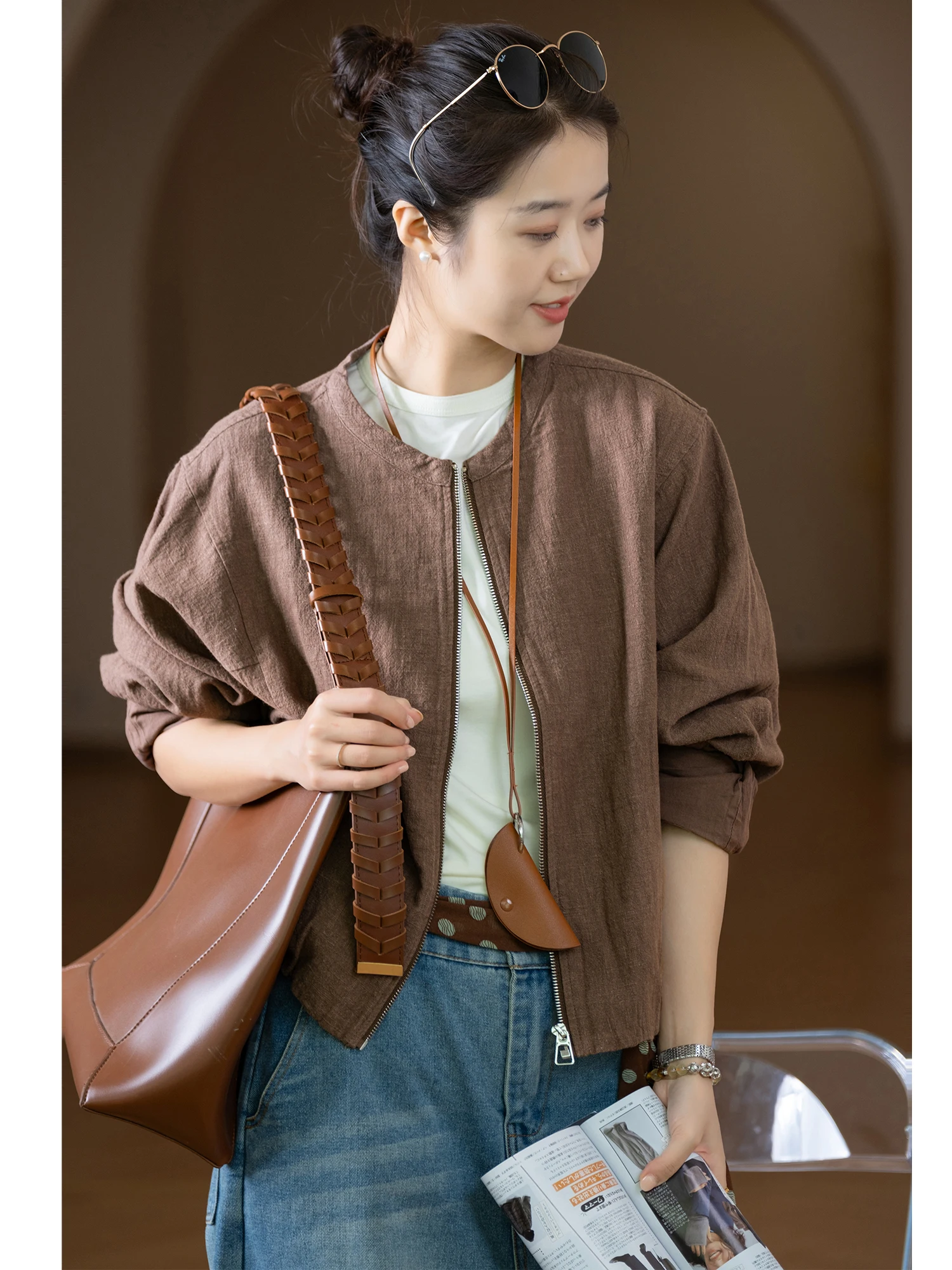 

l Linen Texture Salt Sinkage Proc round Ne Zipper Jaet Casual Loose Fit Women's ort Outerwear Coat