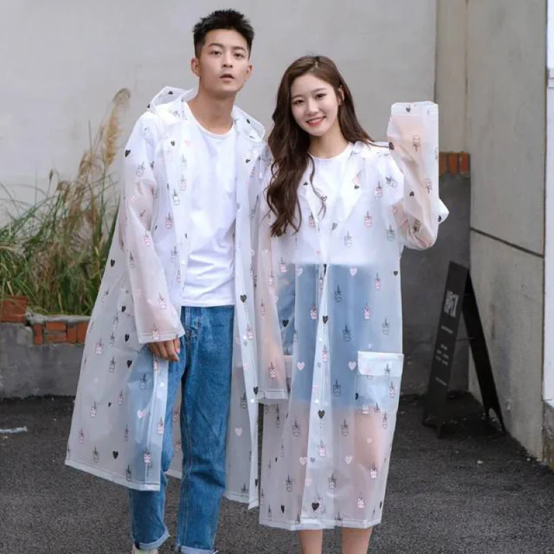 

Couple Fashion Transparent Long Big Size Hooded Raincoat Coats Cute Cartoon Printing Thickened Hiking Raincoat Cycling Travel