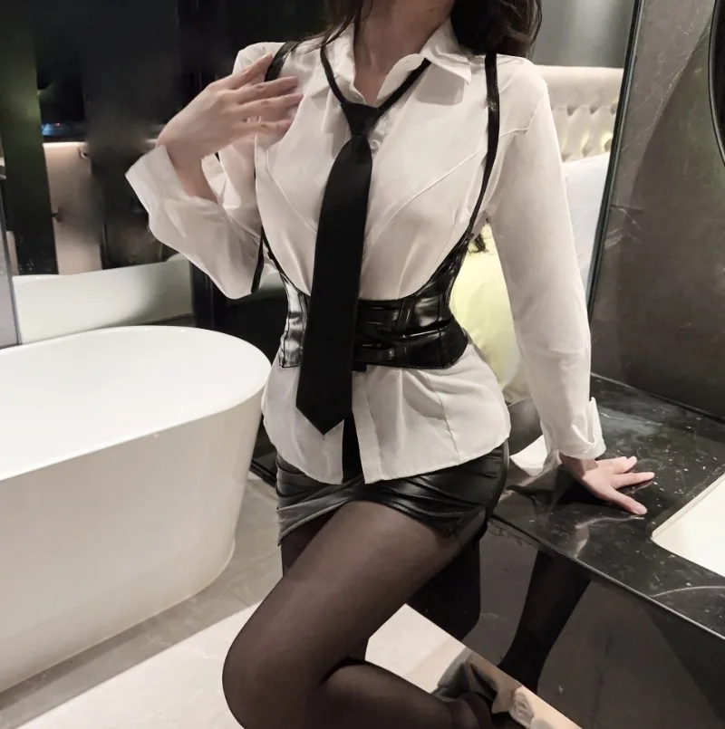 Plus Size Exotic Secretary Uniform 3XL White Shirt Leather Skirt Set with Vest Socks Teacher Cosplay Role Play Night Clubwear