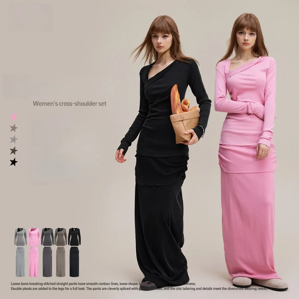 

Women's Clothing 2025 Autumn European and American Irregular Oblique Shoulder Waist Long Sleeve T-shirt Long Skirt Suit Women