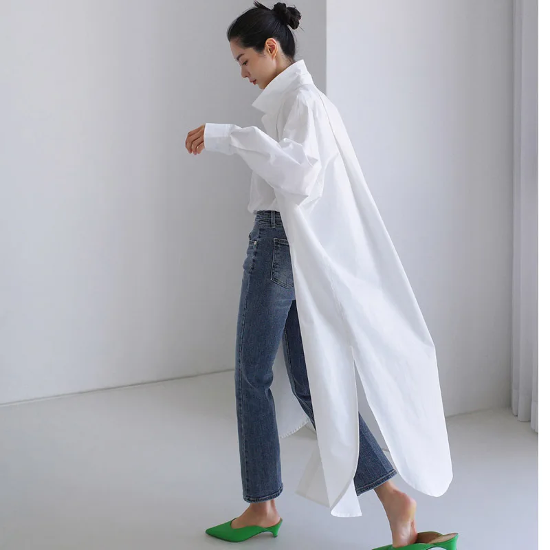 Корейский стиль, модные весенне-летние женские однотонные рубашки с отложным воротником и длинными рукавами до середины икры, повседневные модные рубашки, пальто