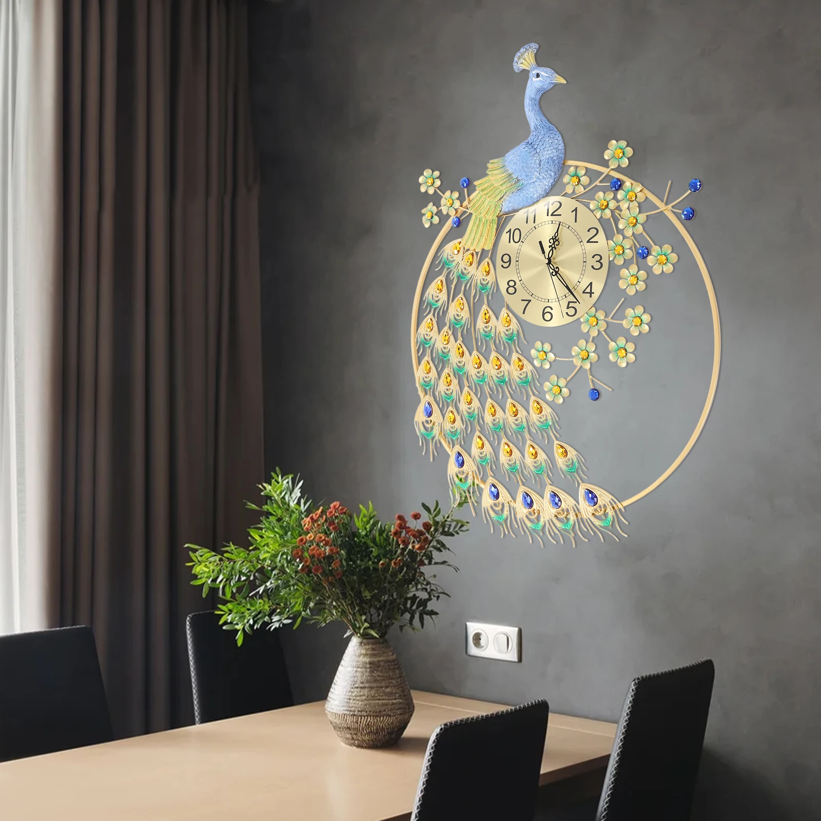 

Decorative Peacock Wall Clock Silent Sweeping Movement, Unique Gift Idea, For Living Room Decor