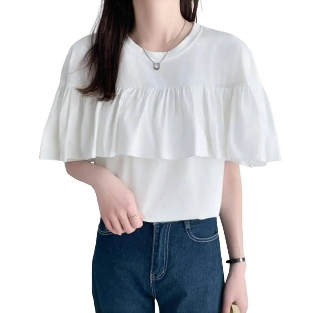 

Irregular Design Women Blouse Stylish Women's Summer T-shirts Irregular Ruffled Splicing Tops Solid Color Stretchy for Casual