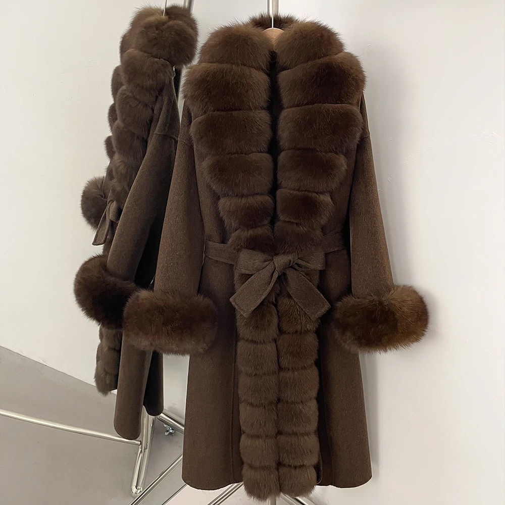 울 코트 여성용 신상 가을 겨울 따뜻한 옷 여우털 100% 울 코트 여성용 봄 긴 소매 롱 울 리얼 퍼 재킷