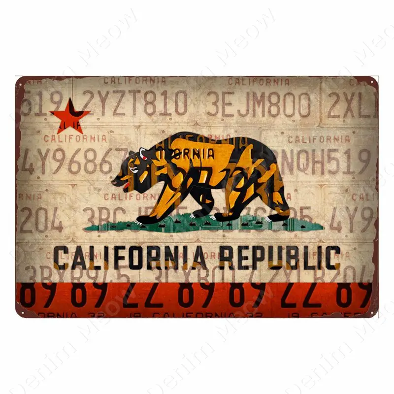 California Republic Retro Tin Sign USA State Flag Art Poster Wall Decor for Home Bar Cafe Pub Vintage Recycled License Plate Art