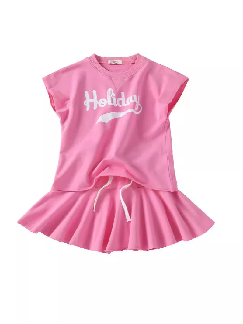 New Summer Girls Tennis Tracksuit Letters Batwing Holiday T-shirt + Loose Sport Pleated Skirt Teenager Children Set 5 12 Year image 3