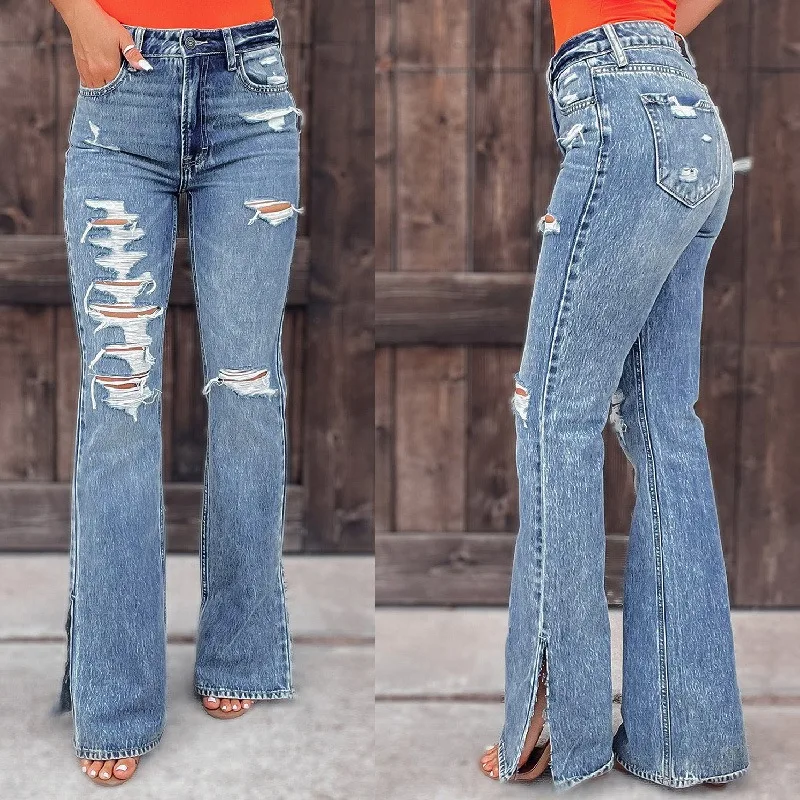 Ripped High Waist Skinny Denim Pants Boyfriend Jeans for Women Y2K INS Clothes Autumn Hole Cut Flare Jeans for Women 2023