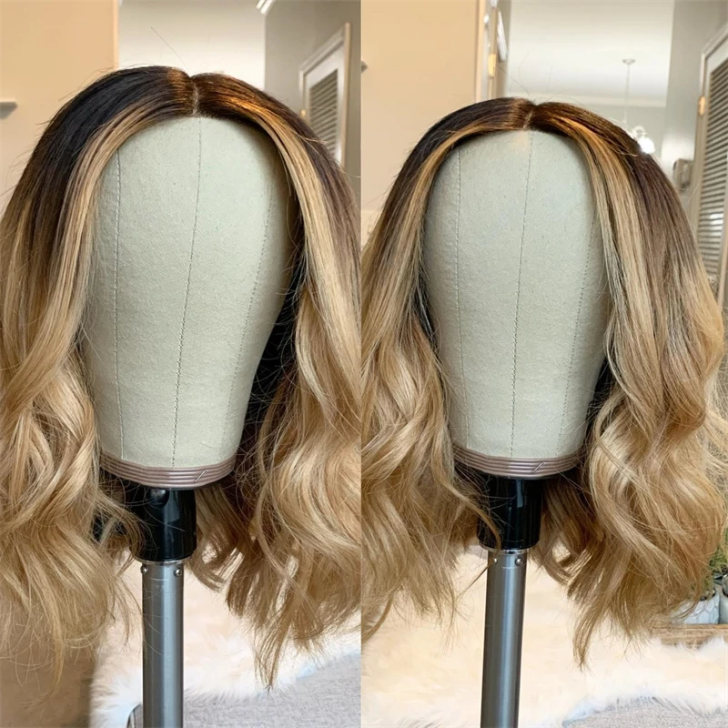 

Короткая волна Боб Ombre Золотисто-русый синтетический парик фронта шнурка с темными корнями 13x4 Свободная часть парика Термостойкое волокно Парик из волос