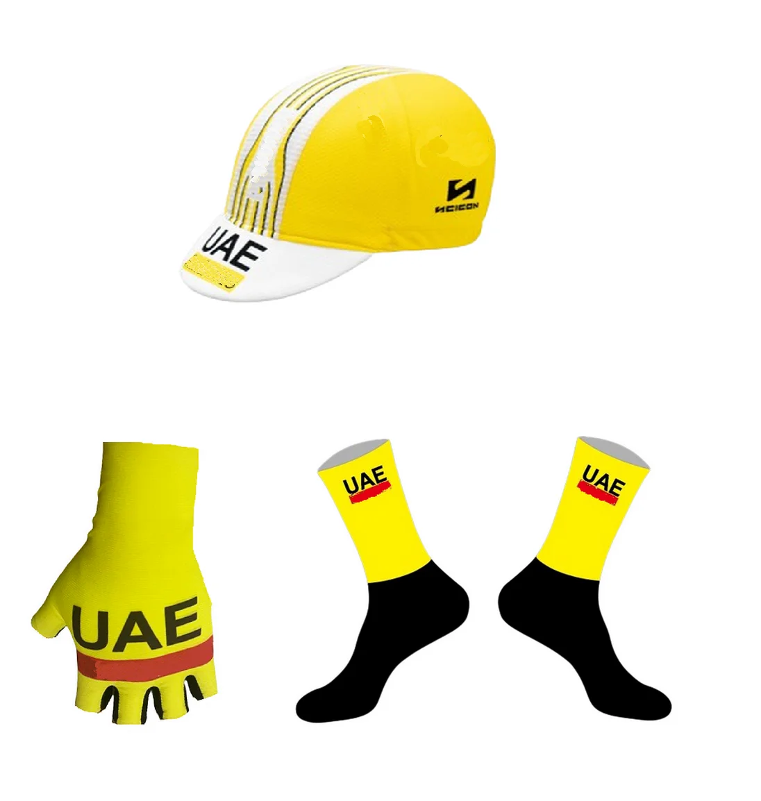 2024 UAE TEAM TDF YELLOW One Pair Half Finger Cycling Gloves + ONE PAIR CYCLING SOCKS+Polyester Caps