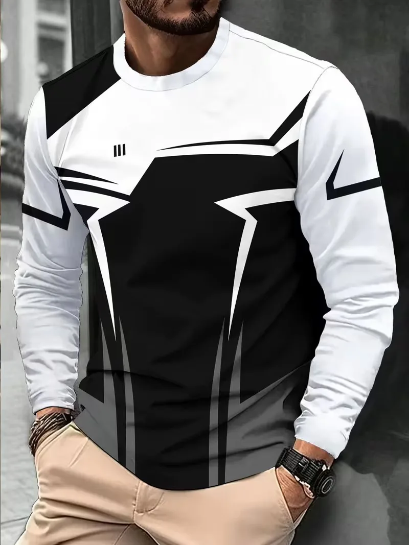 New striped men's long sleeved T-shirt with autumn round neck simple pure cotton fashion slim fit comfortable and oversized tops