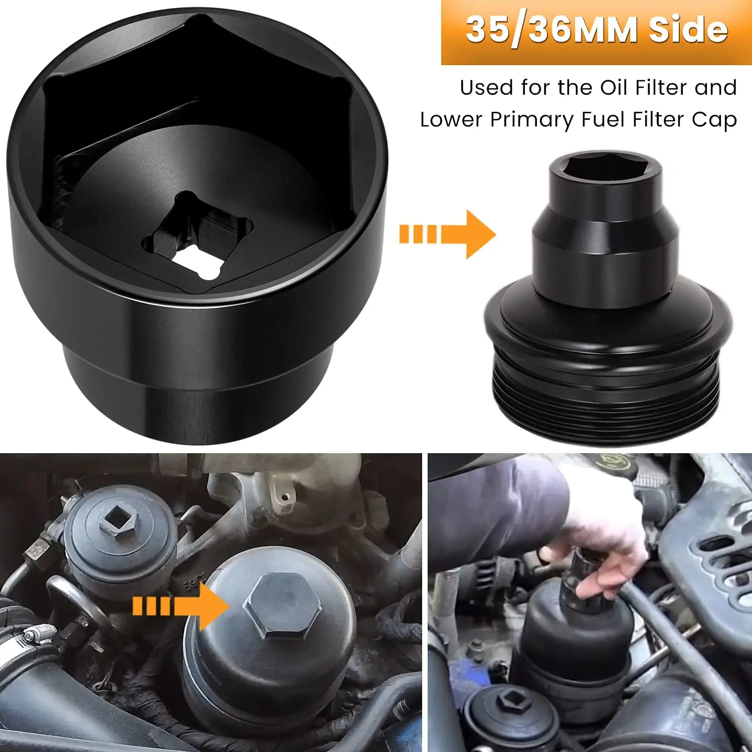 Fuel Filter Oil Filter Socket 24mm 36mm Reversible  Cap Remover and Installer  for 03-10 6.0L  6.4L Ford Powerstroke Diesel