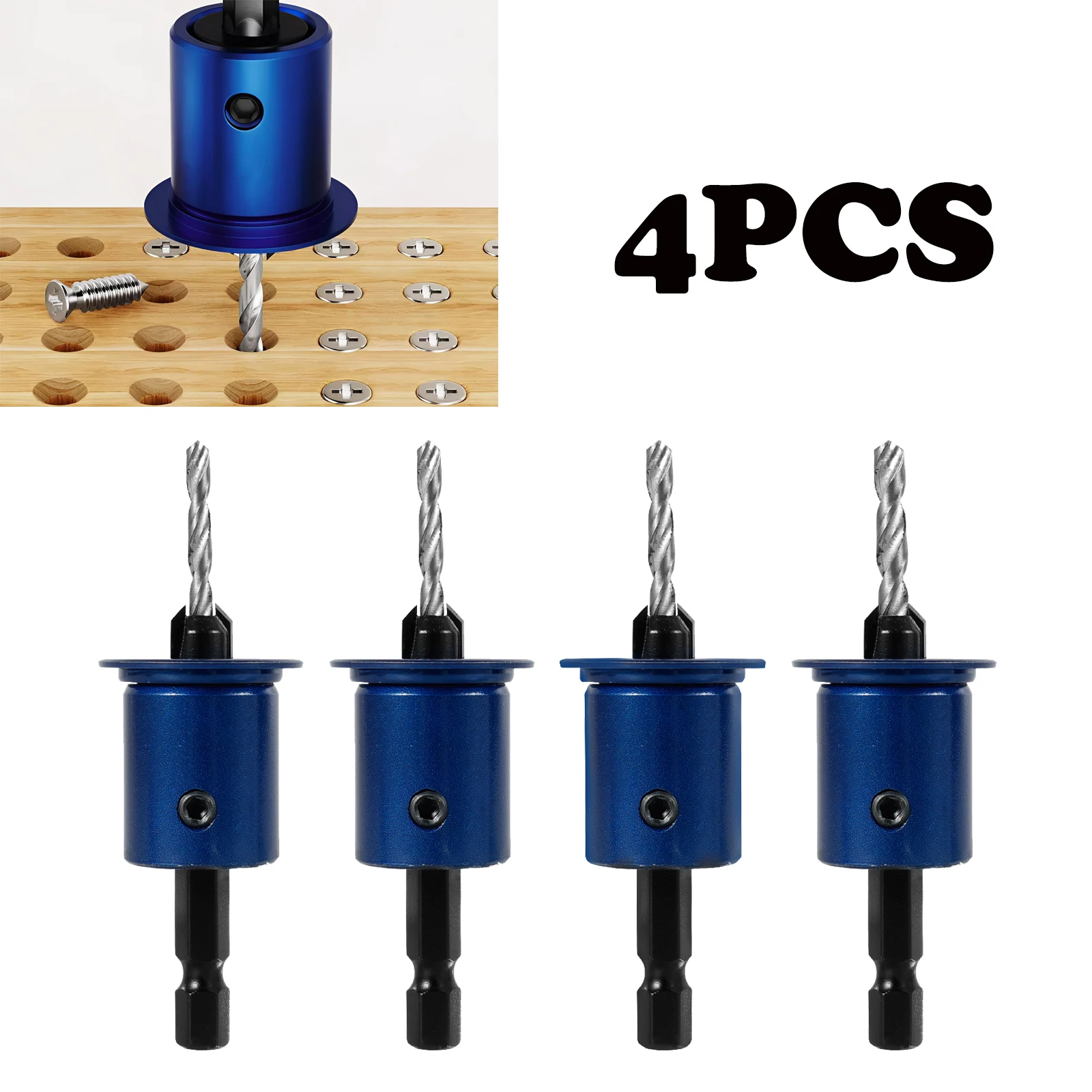 

4 шт., набор сверл с зенковкой с шестигранным хвостовиком и ограничителем глубины, деревообрабатывающий счетчик фасок, сменные сверла, развертка HSS, фаска C