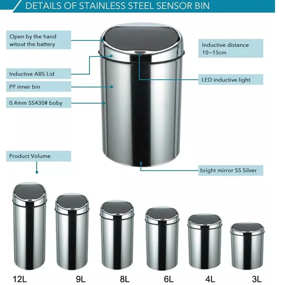 4 Liter Sensor Stainless Steel Dustbin Automatic Garbage Kitchen Trash Can  Smart Waste Bin  Ash-bin Round Shape